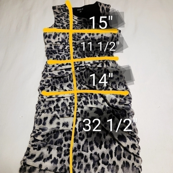 Allen B Cheetah Print Mesh Ruched Asymmetrical Mini Dress Black Beige X Small - Picture 12 of 12